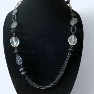 long statement necklace black with clear beading accents